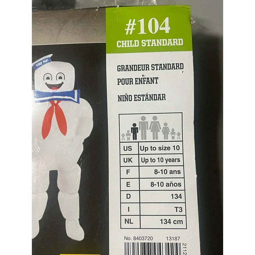 Ghostbusters Stay Puft Marshmallow Man Inflatable Costume Kids Standard Size 10